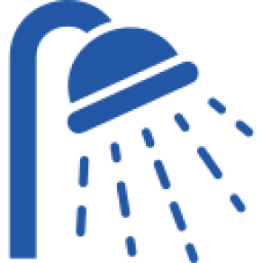 Blue showerhead icon with water droplets.