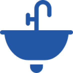 Blue sink and faucet icon on black.