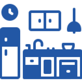 Blue kitchen icons with appliances and clock.