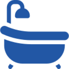 Blue bathtub icon with showerhead silhouette.